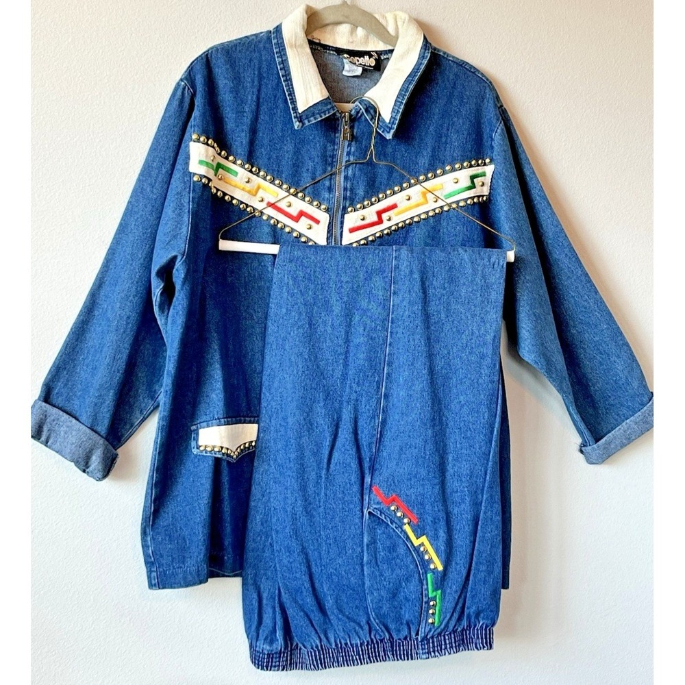 Vtg Gepetto Womens Blue Denim Gold Studs Jacket & Matching Pull on Pants XL SET